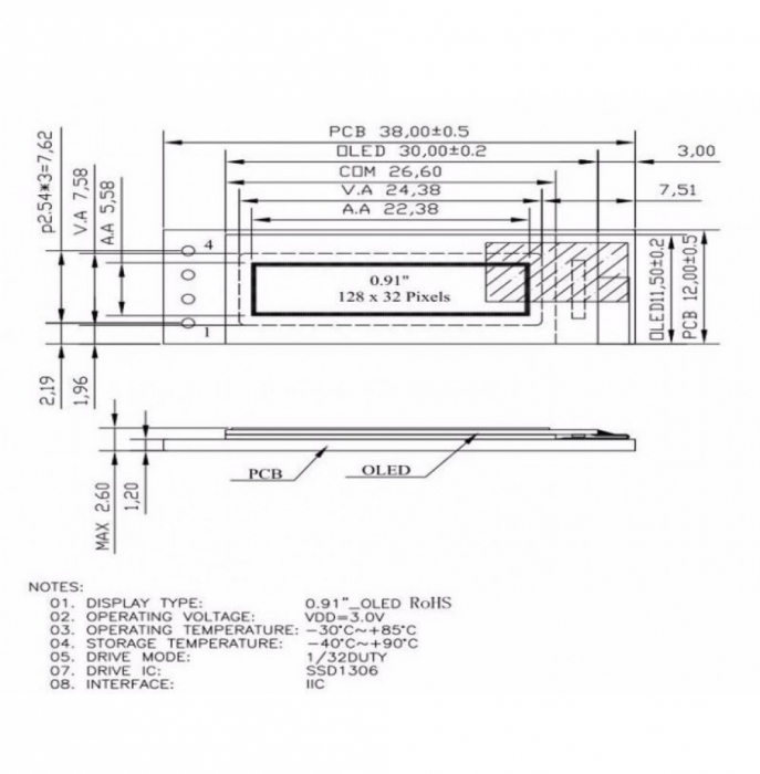 OLED дисплей 128x32px 0.91 дюйм, IIC, монохромный белый3
